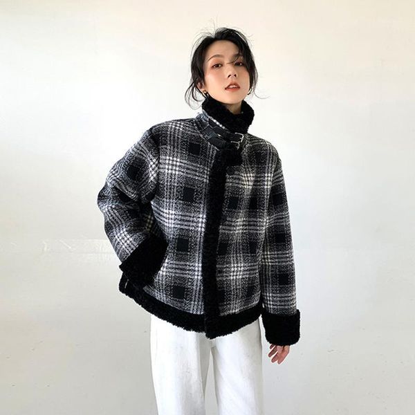 

lamb wool plaid stitching short coat female thick fur winter korean loose stand collar coat parkas female1, Black