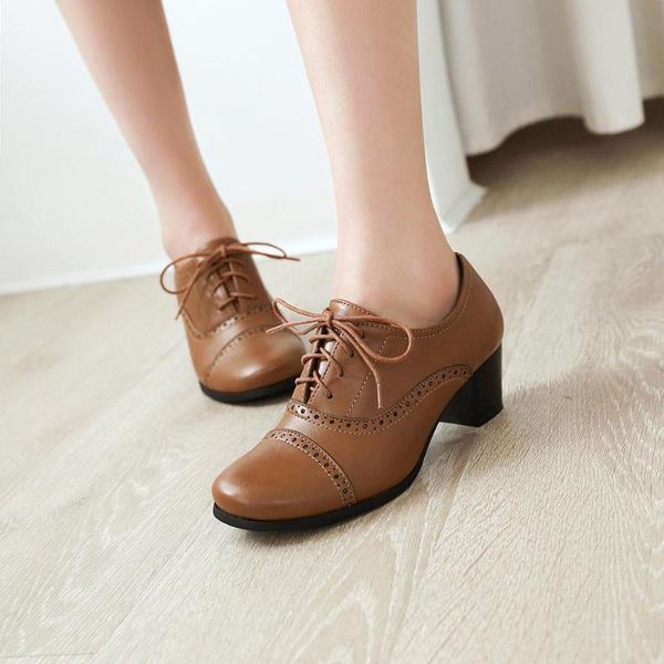 

dress shoes pqecfs big size 34-43 spring & autumn solid fashion women lace-up med square heels pumps 3 colors, Black