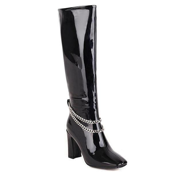

boots oversized metal chain super high heel patent leather knee-length square toe thick shiny burgundy warm, Black