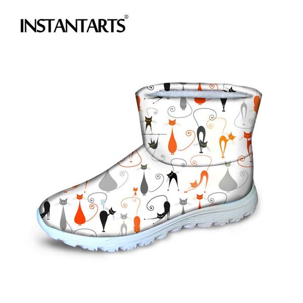 

instantarts women winter warm snow boots cute cartoon cat puzzle print waterproof botas female short cotton boot zapatilla mujer, Black