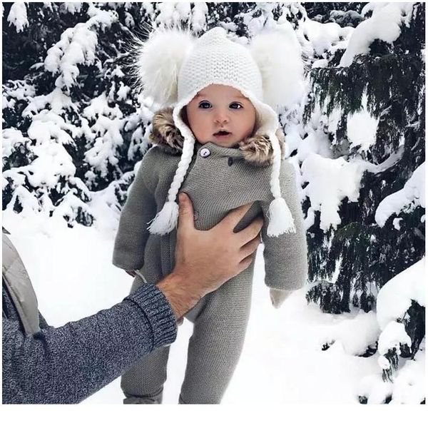 

kids real fur pom pom hat baby winter crochet earflap hat girls boys knitted beanie double two real fur pompom qylfcy, White