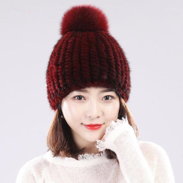 

women winter real hats with genuine fur pompoms warm knitted red beanies for outdoor ski1, Blue;gray
