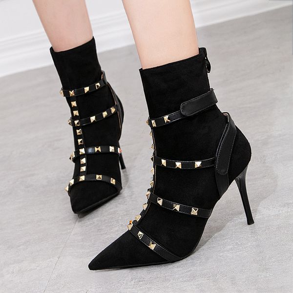 

design luxury women 9cm high heels fetish rivets suede boots stiletto ankle boots scarpins studded red knight, Black