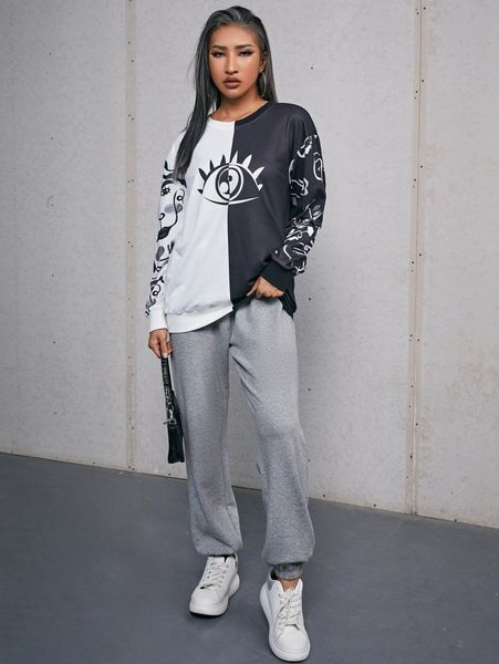 

color block figure graphic sweatshirt 24qk#, White;black