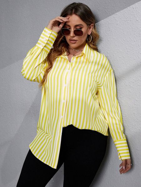 

plus striped print drop shoulder blouse o9v7#, Black