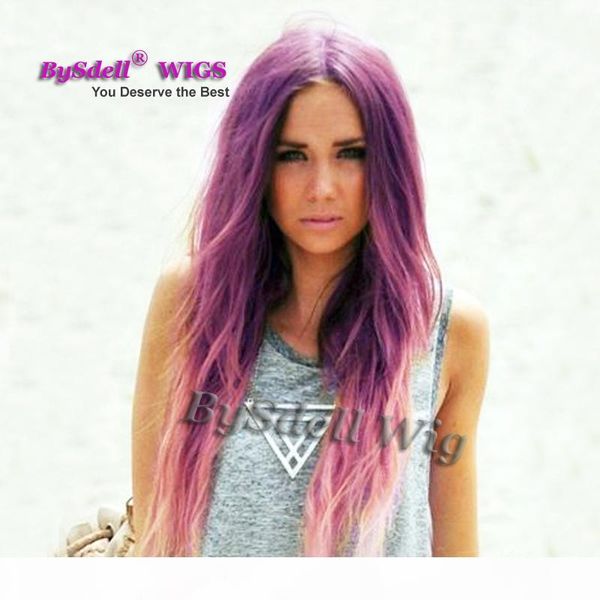 

new premium loose body wave ombre purple pink brazilian hair synthetic for african american women synthetic lace front wig ing, Black