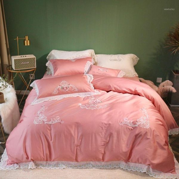 

4pcs luxury lace embroidery 60s egyptian cotton flat sheet pillowcase&duvet cover sets/4pcs wedding bedding sets pink1