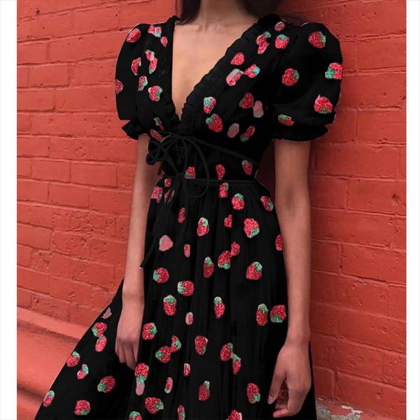 

women dress summer vintage strawberry embroidery ruffle lace v neck ribbon dress 2020 holiday short sleeve sweet maxi dresses, Black;gray