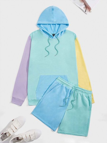 

men colorblock drawstring hoodie & drawstring waist shorts d5bf#, Gray