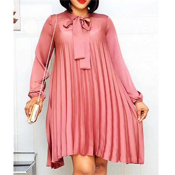 

plus size pleated dresses with bowtie long lantern sleeves knee length women fashion summer autumn female african vestidos new, Black;gray