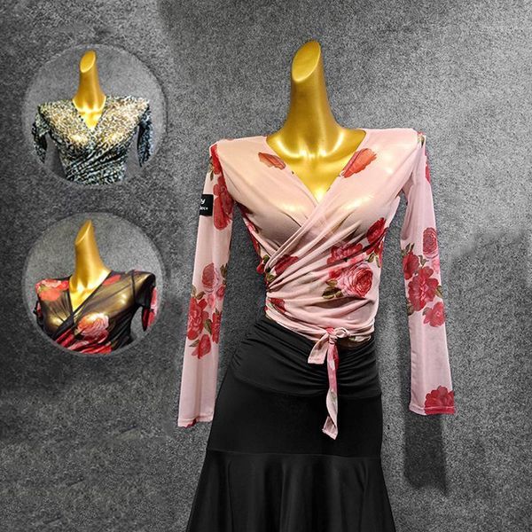 

latin dance female spandex mesh front and back wearing long-sleeved shirts women competitive latin vdb11171, Black;red