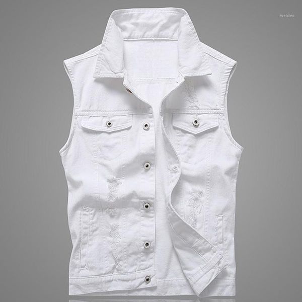 

hole denim waistcoat men white jeans vest solid rock vests for men fashions summer sleeveless jacket 5xl punk biker ripped1, Black;white
