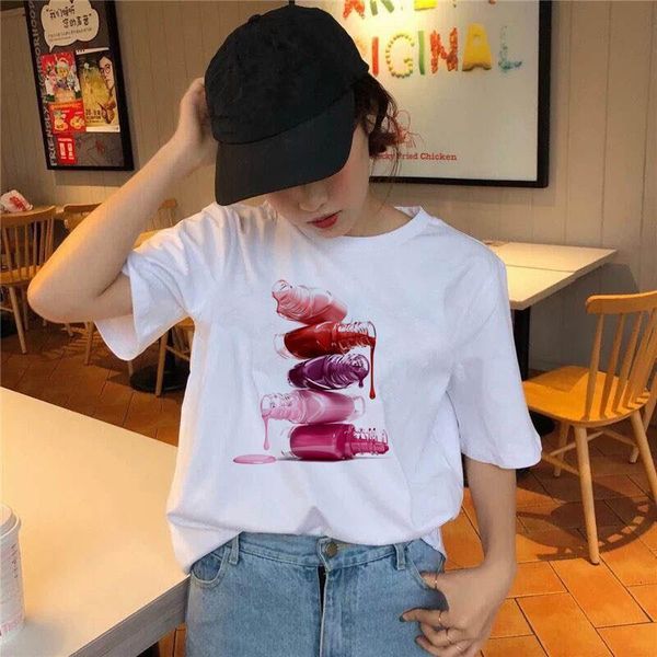

2020 t shirt colourful ms. lipstick nail polish t shirt summer harajuku t shirt viper korea clothing women street cl, White
