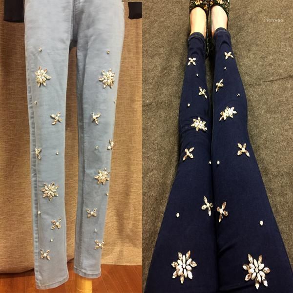 

beaded rhinestone pearl women skinny elastic high waist elastic ankle length pencil jeans1, Blue