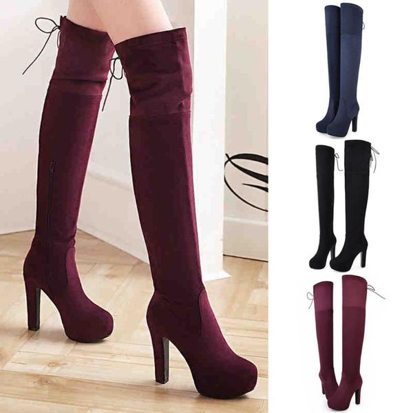 

boots fashion women over the knee heels suede square thigh high outdoor, Black