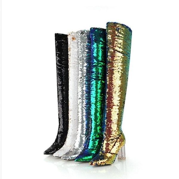 

women winter shoes for 2020 over the knee sequined cloth beading long boots square heels ladies night club party dress shoes, Black