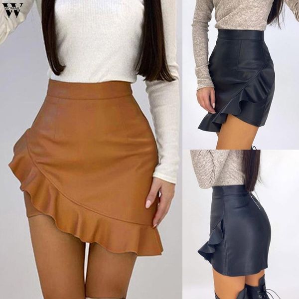 

skirts solid black faux leather women ruffles irregular mini skirt slim party ladies bandage street faldas mujer moda
