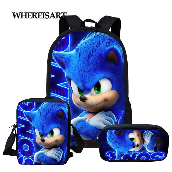 

whereisart 3pcs/set sonic the hedgehog print school bags for teenager girls kids cartoon school backpack student bookbags c1019