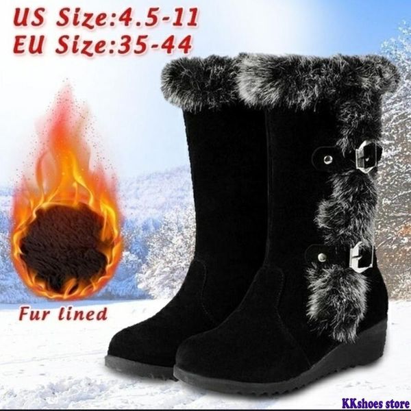 

winter women shoes ladies mid calf boots high tube classic thick fleece models snow boots muje plus size 35-42, Black