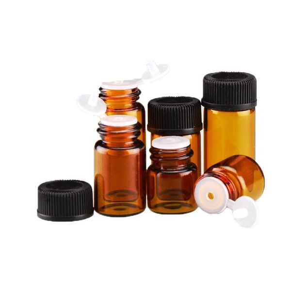 

540pcs/lot 1ml 2ml l drams amber glass bottle with plastic lid insert brown test sample glass vials for perfume essen qyloil