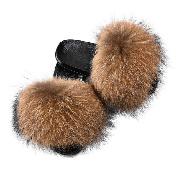 

women fur slides summer shoes home luxury wide fur furry slippers indoor female sandals fluffy cute real raccoon slides, Black
