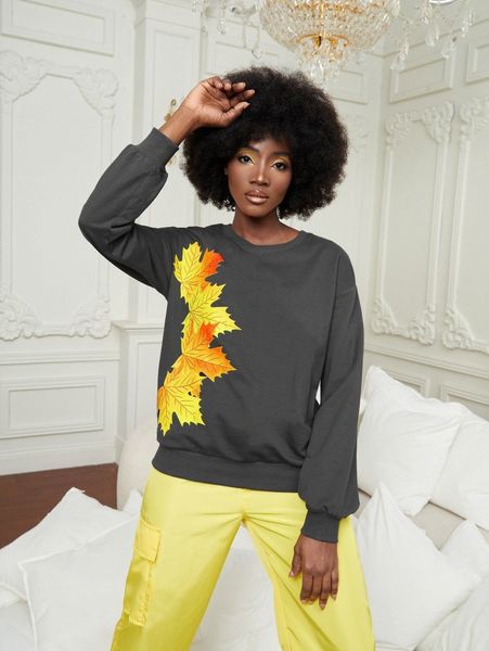 

x shimaa sabry leaves print round neck sweatshirt s4ke#, White;black
