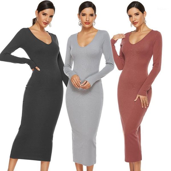 

spring autumn knitted v neck slim basic bodycon mid-calf long 2020 winter simple women dresses clothes1, Black;gray