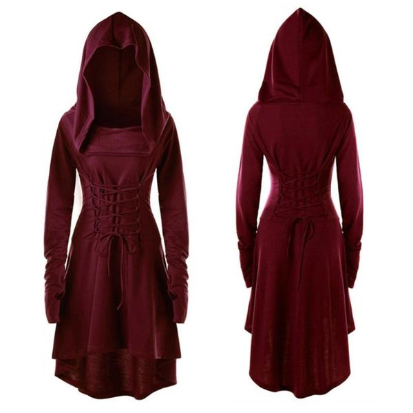

s-5xl lady hooded dress middle ages renaissance halloween archer cosplay costumes vintage medieval bandage party vestido, Black;red