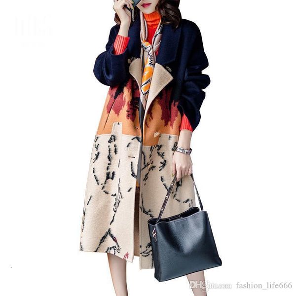 

woolen long designer double-sided cashmere coat women autumn and winter european american fashion slim stitching mid-length coa, Black