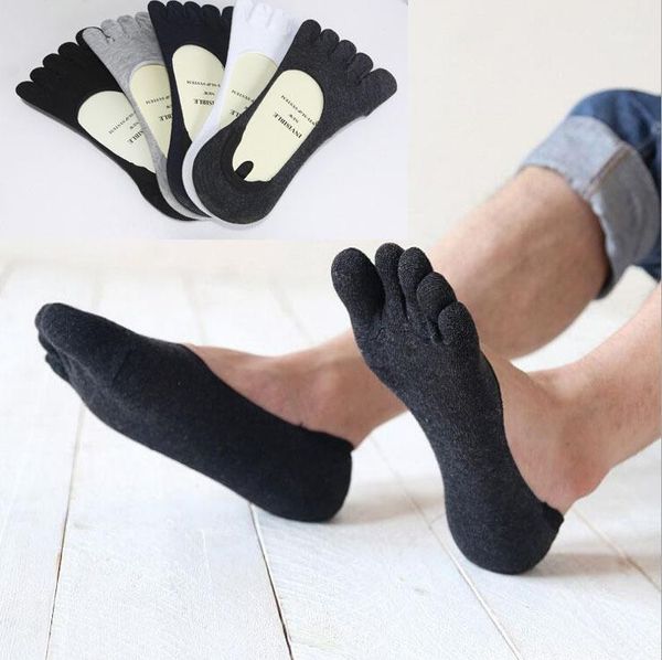 

wholesale-new mens summer solid low cut loafer anti-slip cotton socks breathable five finger slipper toe socks no show invisible1, Black