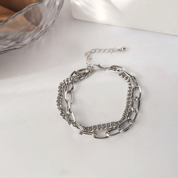 

link, chain fashion instagram simple clean double row link bracelet 1037, Black