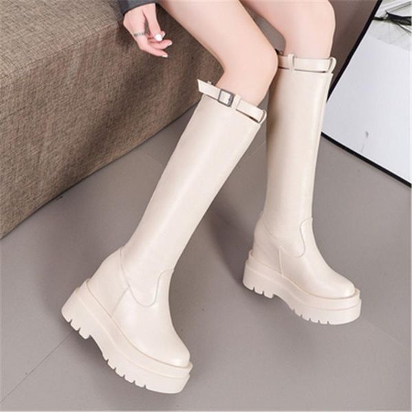 

women leather chunky heels knee high boots round toe buckle autumn long boots zipper fashion shoes female footwear black beige