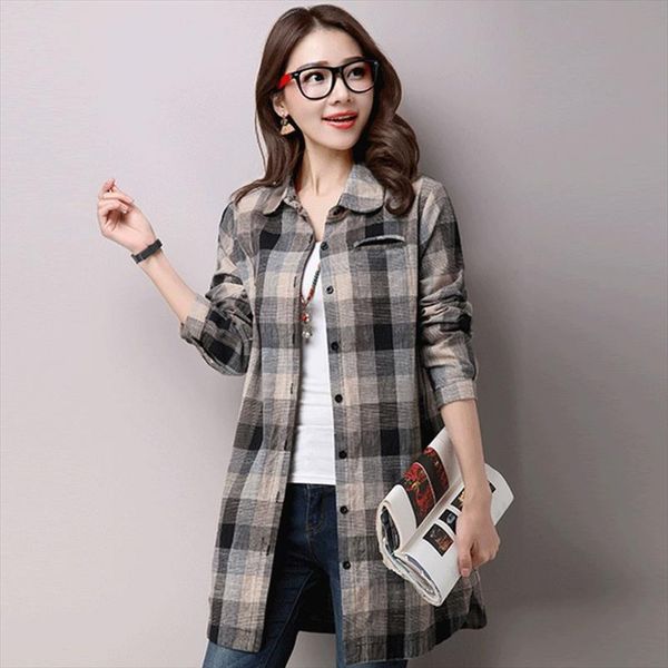 

2914 vintage tunic shirt women long sleeve plaid cotton linen blouse female plus size casual casual long linen tunic spring, White