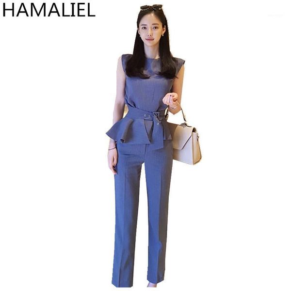 

2018 new summer pant suit 2 piece women set fashion office ruffles sashes striped shirts sleeveless slim work trouset set1, Gray