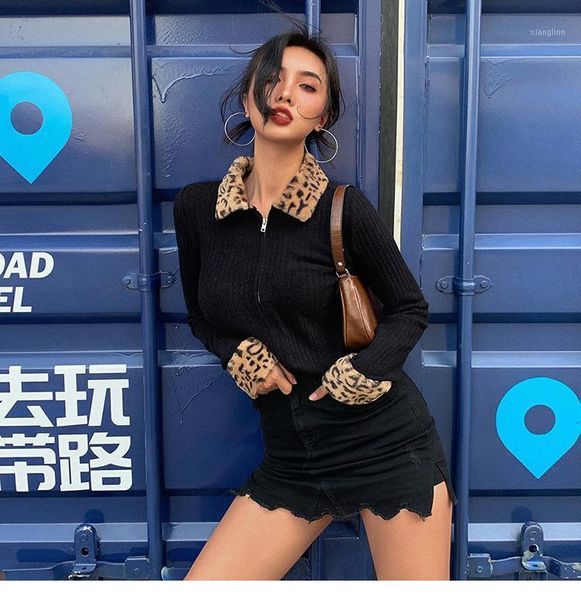 

2020 zipper mosaic leopard women jackets female coat black turndown collar long sleeve outerwear1, Black;brown