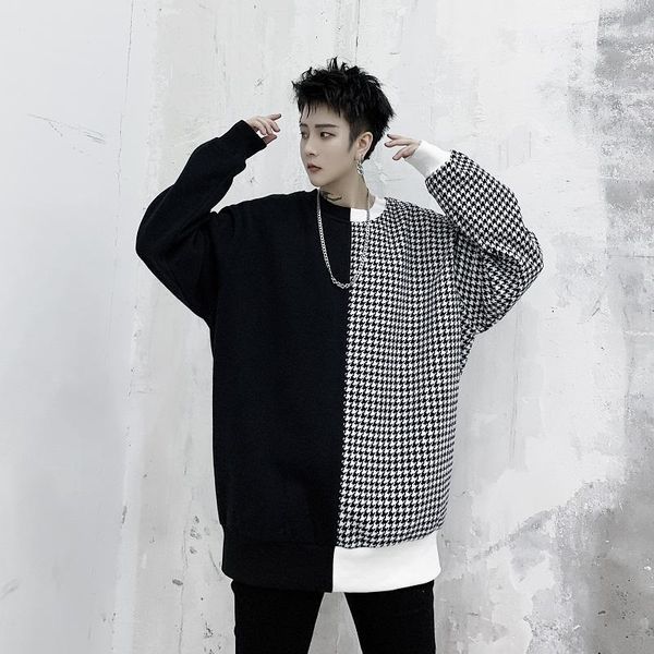 

men plaid splice long sleeve pullover sweatshirt male japan street vintage fashion casual loose hoodie sweatshirt1, Black