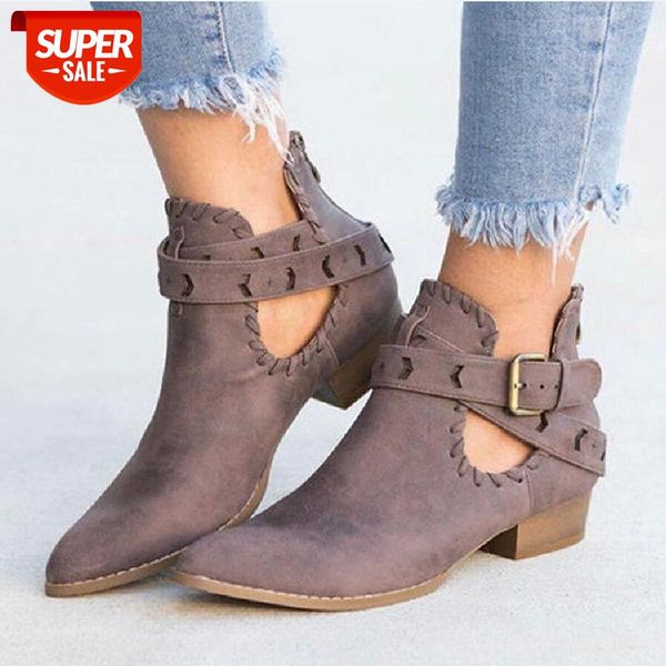 

lucyever retro buckle strap pointed toe western ankle boots women casual hollow out square heel boots woman plus size botas 43 #ey0i, Black