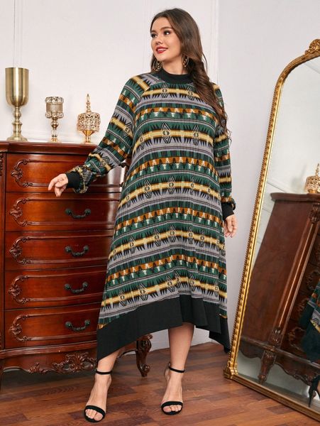 

plus geo print stand neck sweatshirt dress 05mu#, Black