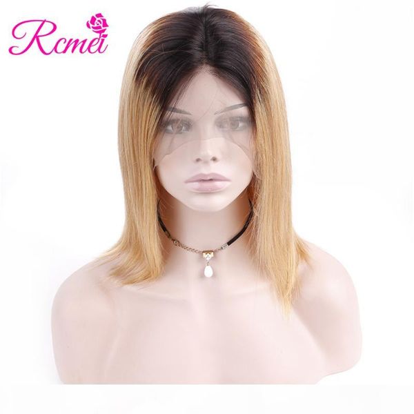 

rcmei brazilian straight human hair lace front 13*4 bob wig wigs for women t1b-27 two tone ombre hair cosplay short bob wig 08-14inch, Black;brown