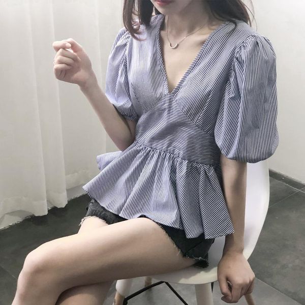 

2020 summer new v-neck backless shirts women vintage puff sleeve striped blouse fashion ladies blusas femininas elegante1, White