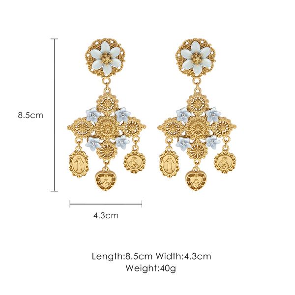 

retro palace wind white flowers coin pendant earrings female, Golden;silver