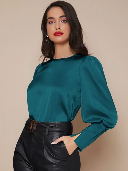

buttoned cuff lantern sleeve satin n6l2#, White
