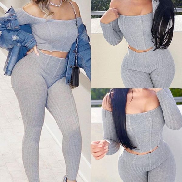 

high street style cotton long sleeve slash neck t-shirt long pants solid 2 piece women set fashion women's set, Black;blue