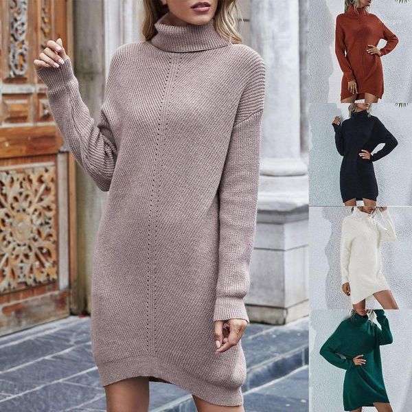 

winter women loose knitwear long sleeve turtleneck solid color pullover sweater knitted dress1, Black;gray