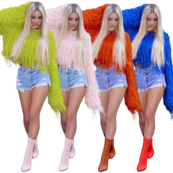 

women's sweaters women round neck sweater handmade tassel ladies solid color short pullover show dance party chic fashion1, White;black