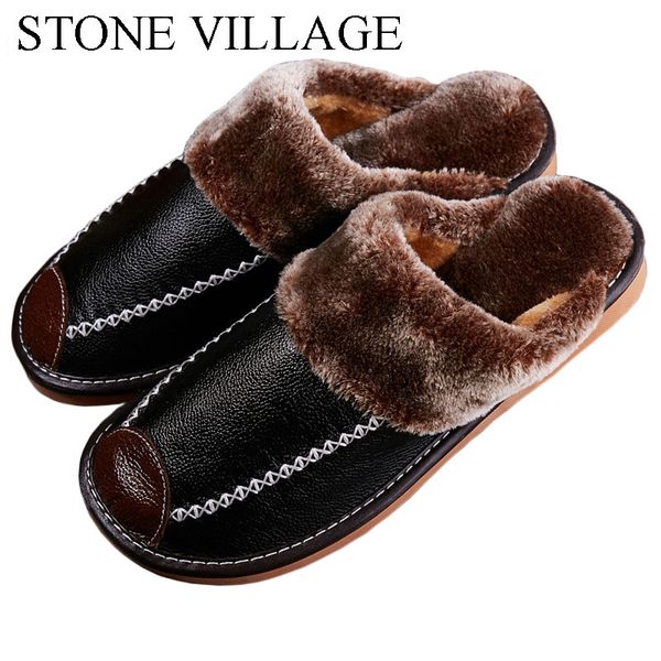 

2020 warm genuine leather slippers shoes winter lovers men and women slippers floor non-slip home slippers indoor shoes x1020, Black