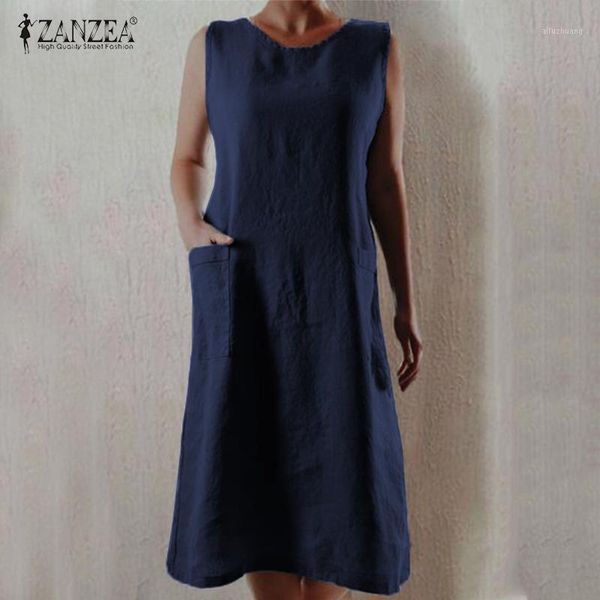 

zanzea women elegant sleeveless sundress summer cotton linen dress casual vintage solid midi vestido femme work tanks dresses1, Black;gray
