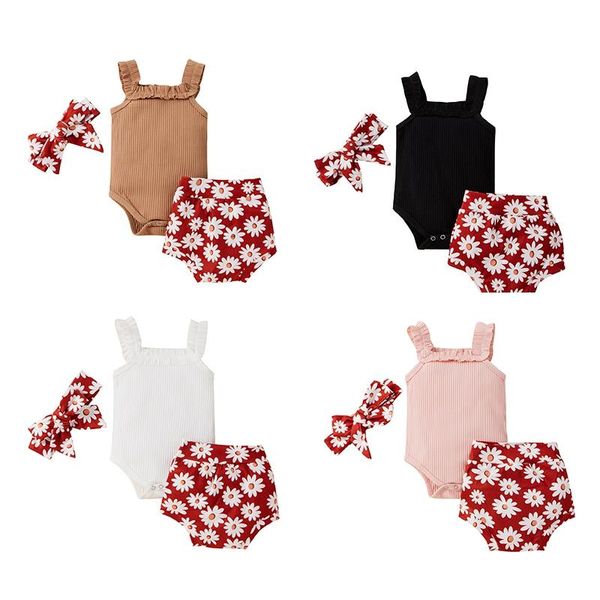 

summer infant baby clothes set newborn girls bodysuit cute pit striped vest sunflower shorts and headband three-piece outfits, White