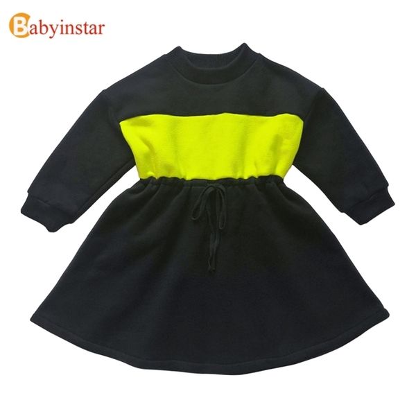 

babyinstar new fluorescent green patchwork plus velvet long sleeve baby dresses for girls child dress kid clothes for girls lj200923, Red;yellow