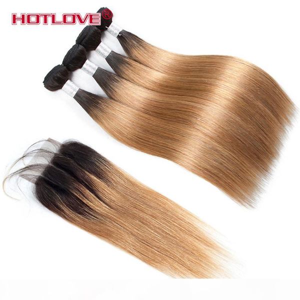 

ombre brazilian straight 4 bundles with closure t1b 27 ombre human hair bundles with closure ombre straight honey blonde bundle with closure, Black;brown